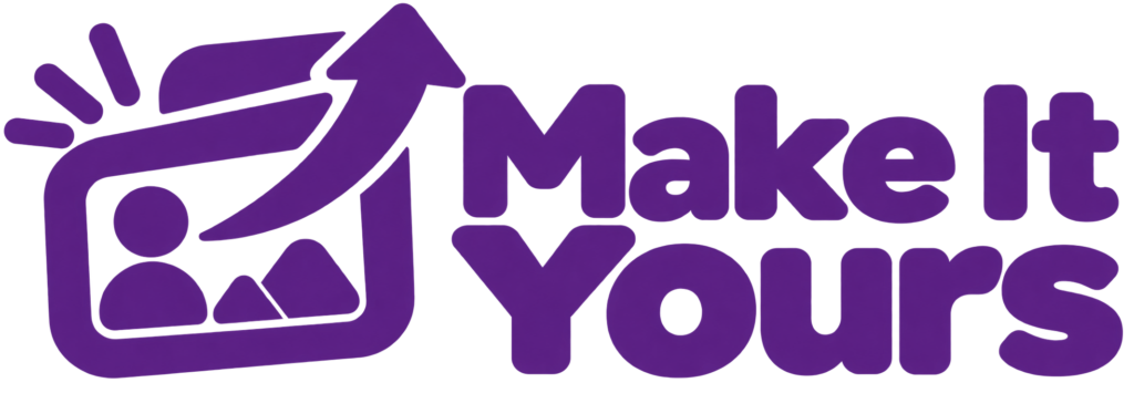 Purple logo featuring a stylized figure with an upward arrow inside a rounded square, next to the text "Make It Yours" in