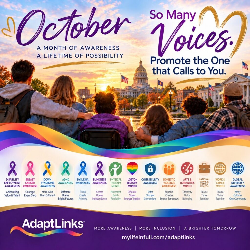 A diverse group views a capitol building at sunset with text promoting October awareness months for disabilities, LGBTQ+